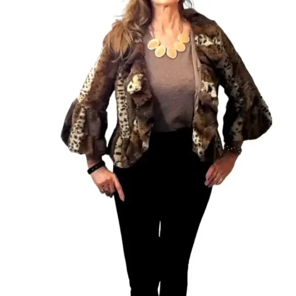 Y2K Pea Coat Sz M Faux Leopard Patchwork Animal Print Jacket Cropped Bell Ruffle - Picture 10 of 15